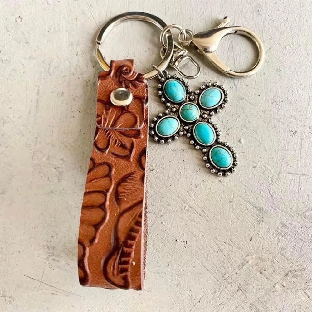 Turquoise Cross Tooled Leather Keychain